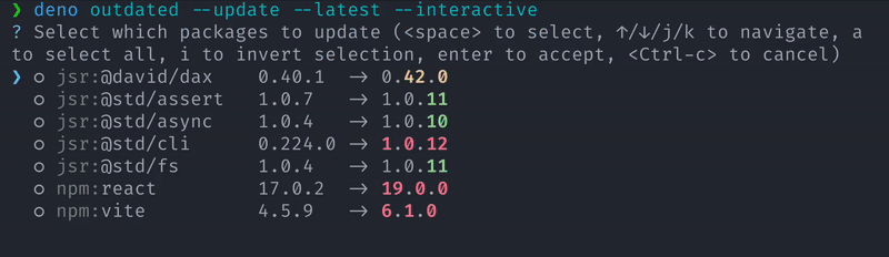 Demo of `deno outdated –update –interactive`